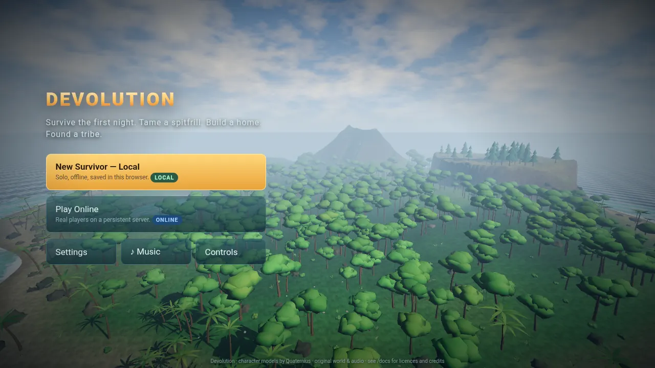 The Devolution title menu over a 3D jungle island with a volcano.