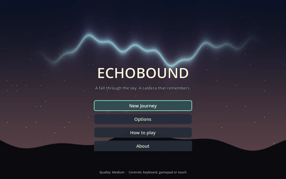 The Echobound title screen: a night sky with a glowing aurora line over dark hills, and buttons for New Journey, Options, How to play and About.