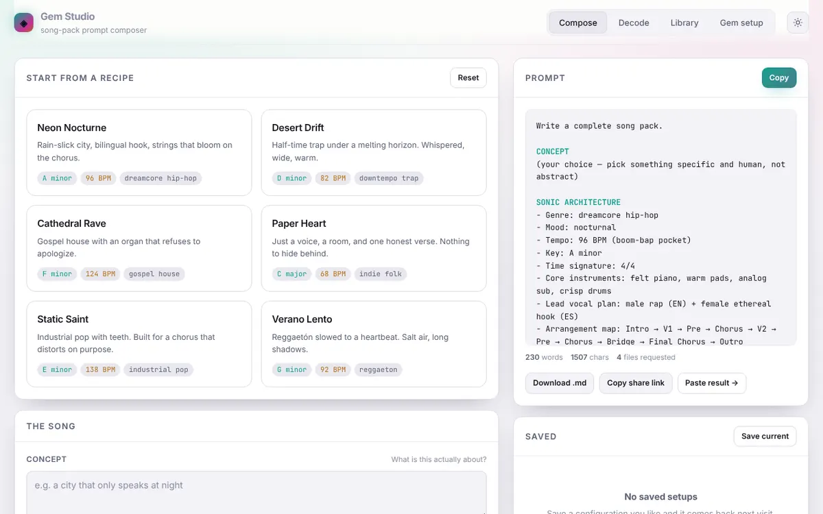 Gem Studio's compose screen with six song recipe cards on the left and a generated prompt on the right.