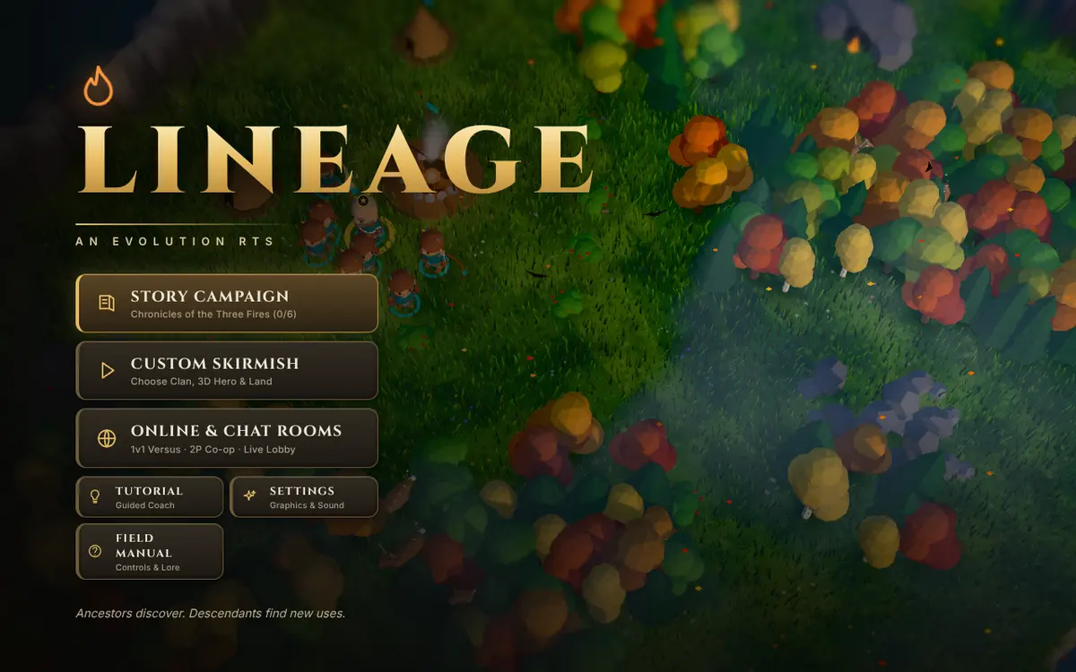 The Lineage main menu over a top-down view of autumn trees, with Story Campaign, Custom Skirmish, Online and Chat Rooms, Tutorial, Settings and Field Manual buttons.