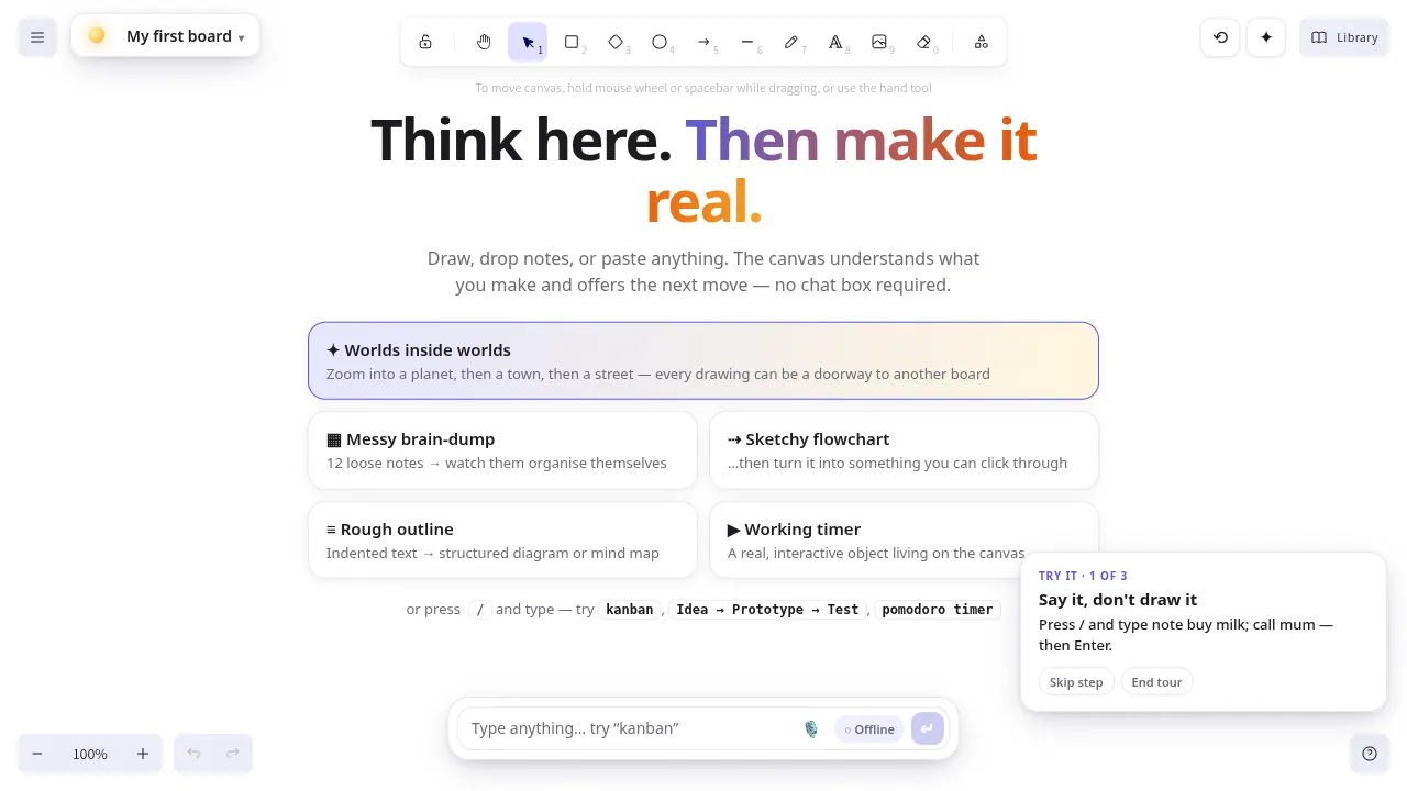 Lumen's start screen: 'Think here. Then make it real.' with starter boards.