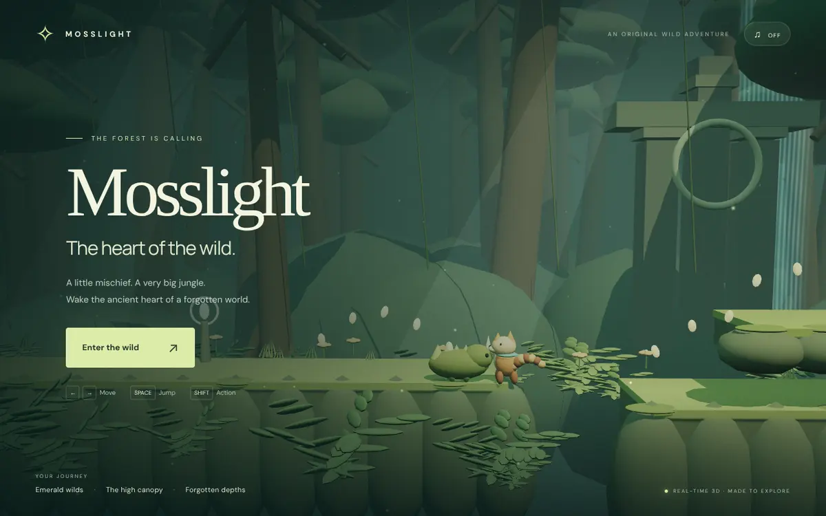 The Mosslight title screen: a small fox-like character beside a green creature in a misty jungle ruin, with the title 'Mosslight, the heart of the wild' and an 'Enter the wild' button.