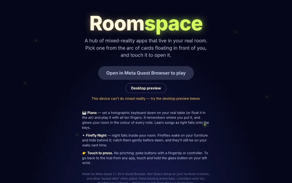 The Roomspace landing page: 'Roomspace' in cream and lime text over a dark starry background, with an 'Open in Meta Quest Browser' button and a Desktop preview button.