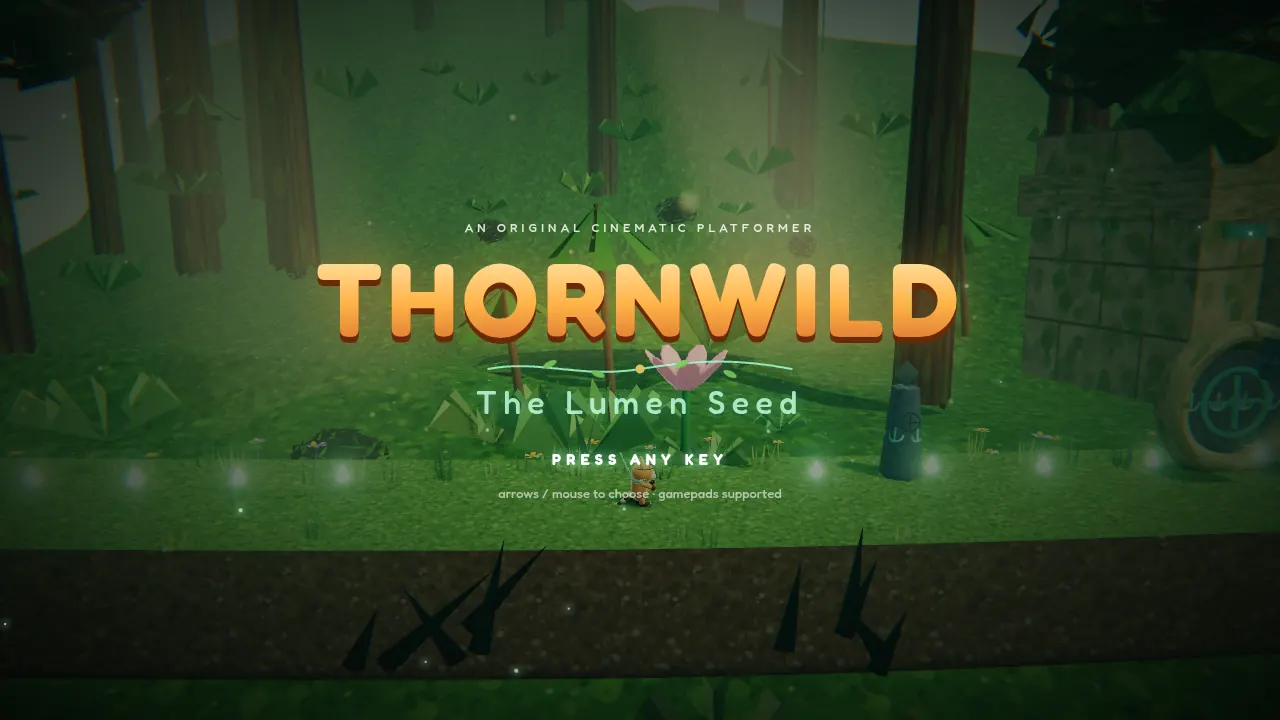 The Thornwild title screen, 'The Lumen Seed', over a misty 3D forest.