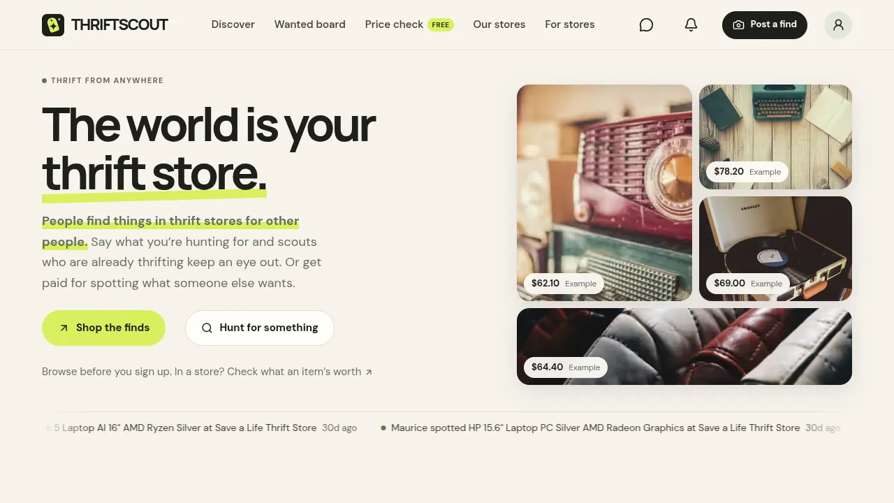 The ThriftScout home page: 'The world is your thrift store.'